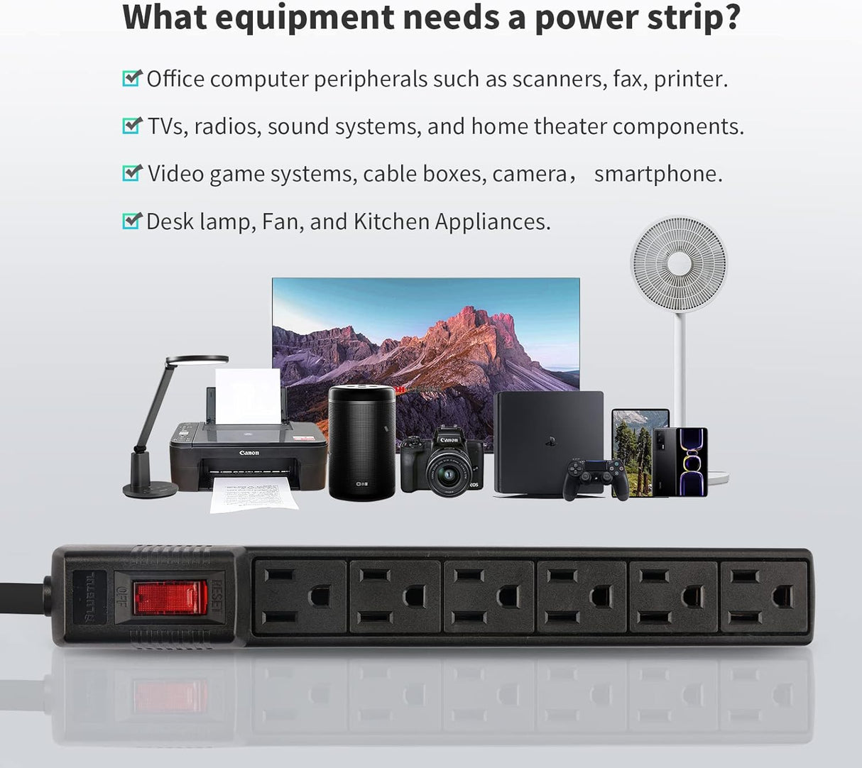 PLUGTUL Paquete de 2 protectores de sobretensiones con 6 tomas de corriente y cable de extensión de 2 pies, 1875 W/15 A, 90 julios, protección contra sobrecargas y sobretensiones, soporte de pared