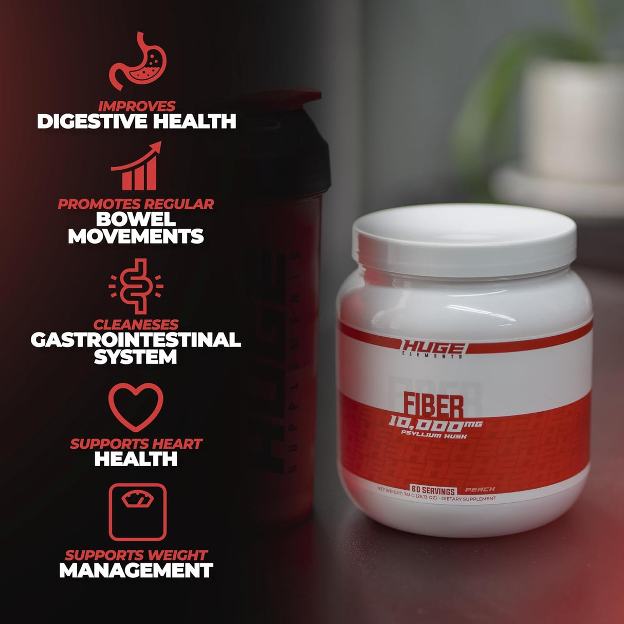 Suplemento de Fibra Huge, 10g Psyllium, Salud Digestiva, 60 Serv.