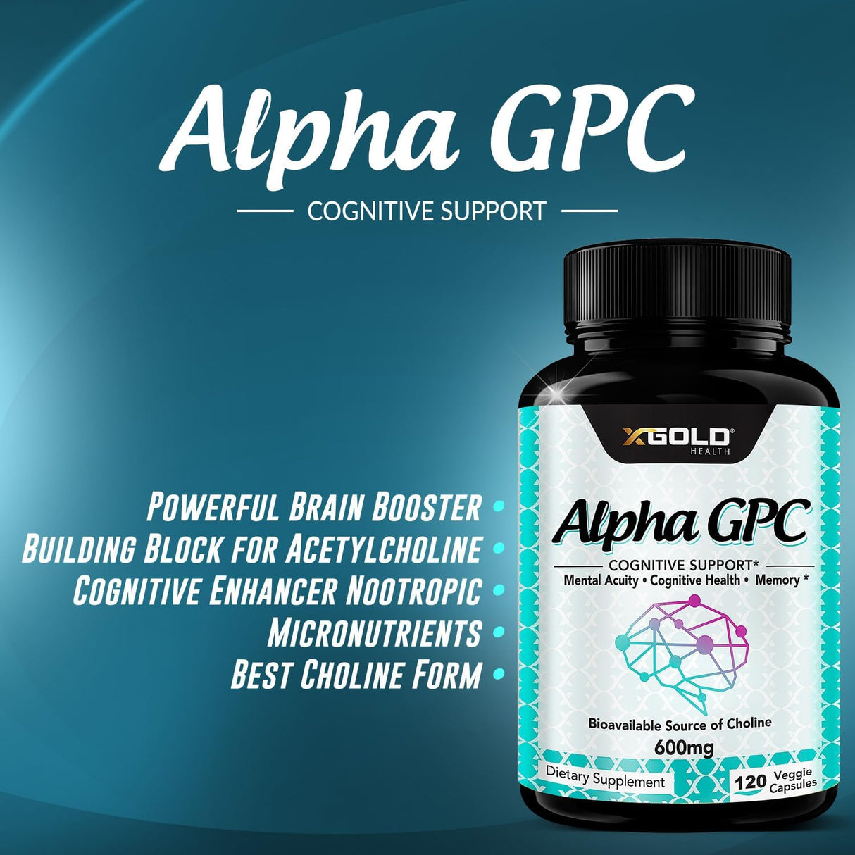 Suplemento de Colina Alpha GPC 600mg, Fuente Altamente Pura y Bioavailable