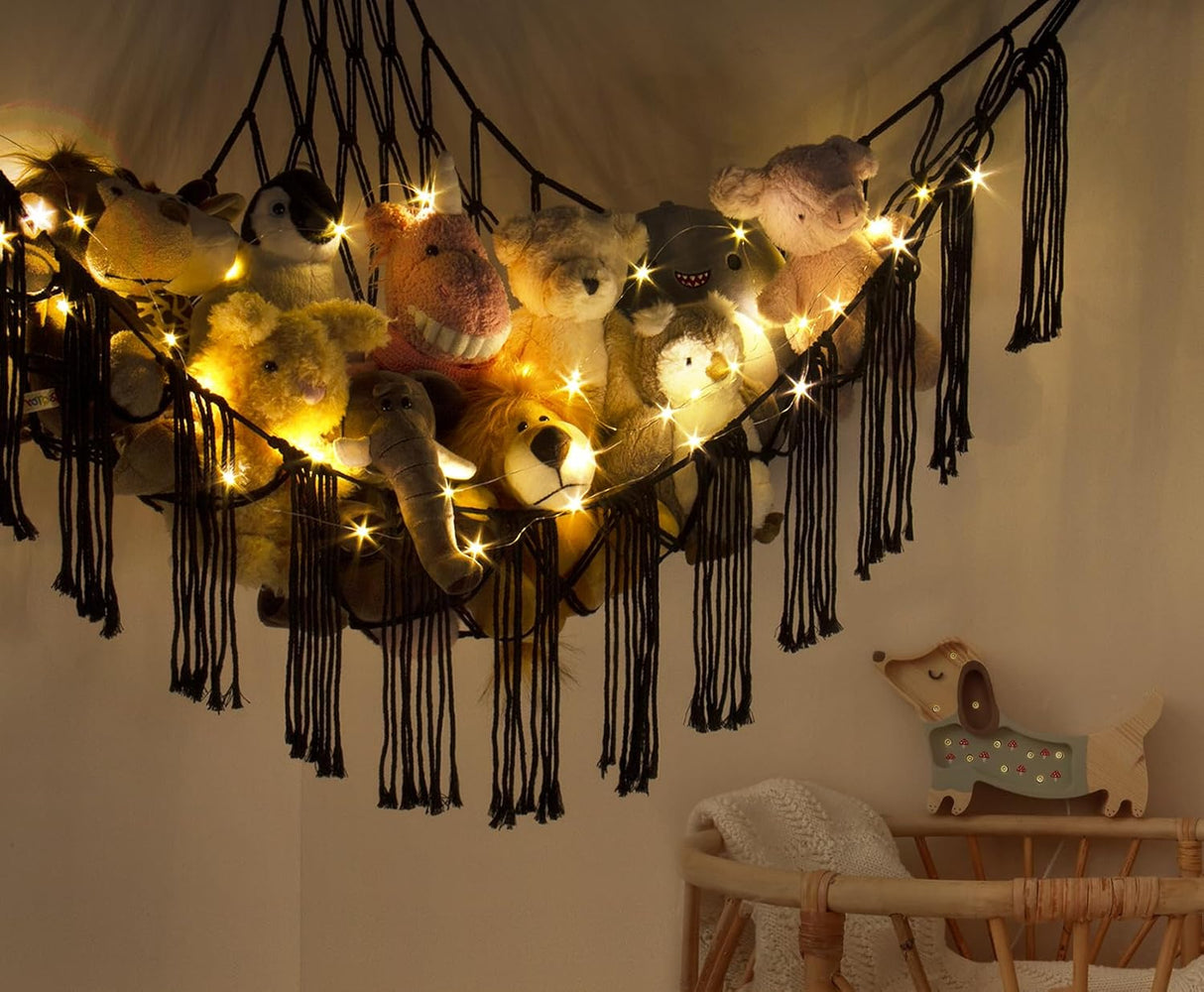 Hamaca de Macramé para Peluches - Organizador con Luz LED