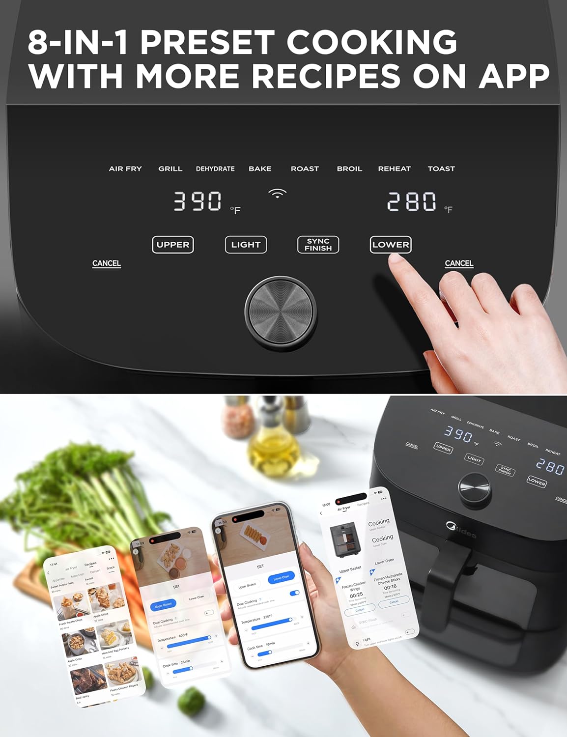 Freidora de aire Midea 11 QT, 8 en 1, Wi-Fi, Alexa, Recetas