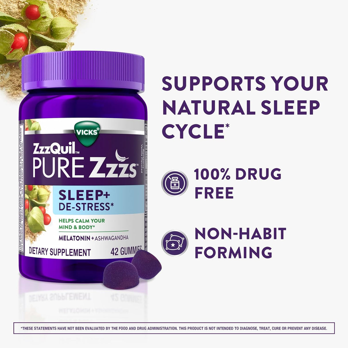 ZzzQuil PURE Zzzs Gomas Calmantes con Ashwagandha, 42 u