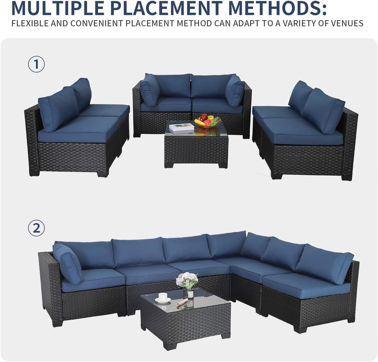 Valita Juego de muebles de mimbre de polietileno para exteriores, sofá seccional de ratán negro con cojines lavables azul marino