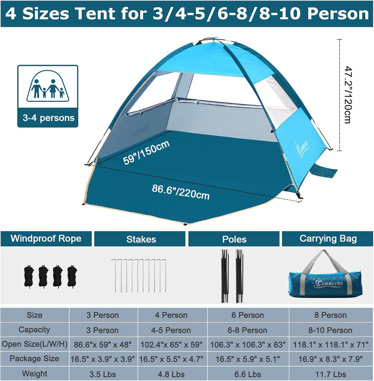 Tienda de playa con sombra, UPF 50+, ligera y fácil de montar