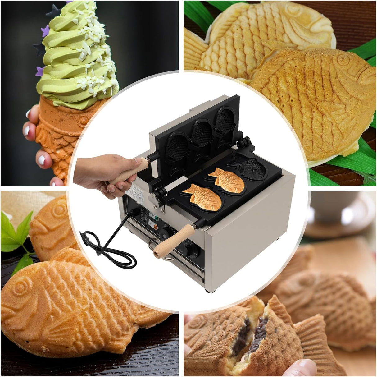 Máquina de Waffles Taiyaki, 1500W, Acero Inoxidable, 110V