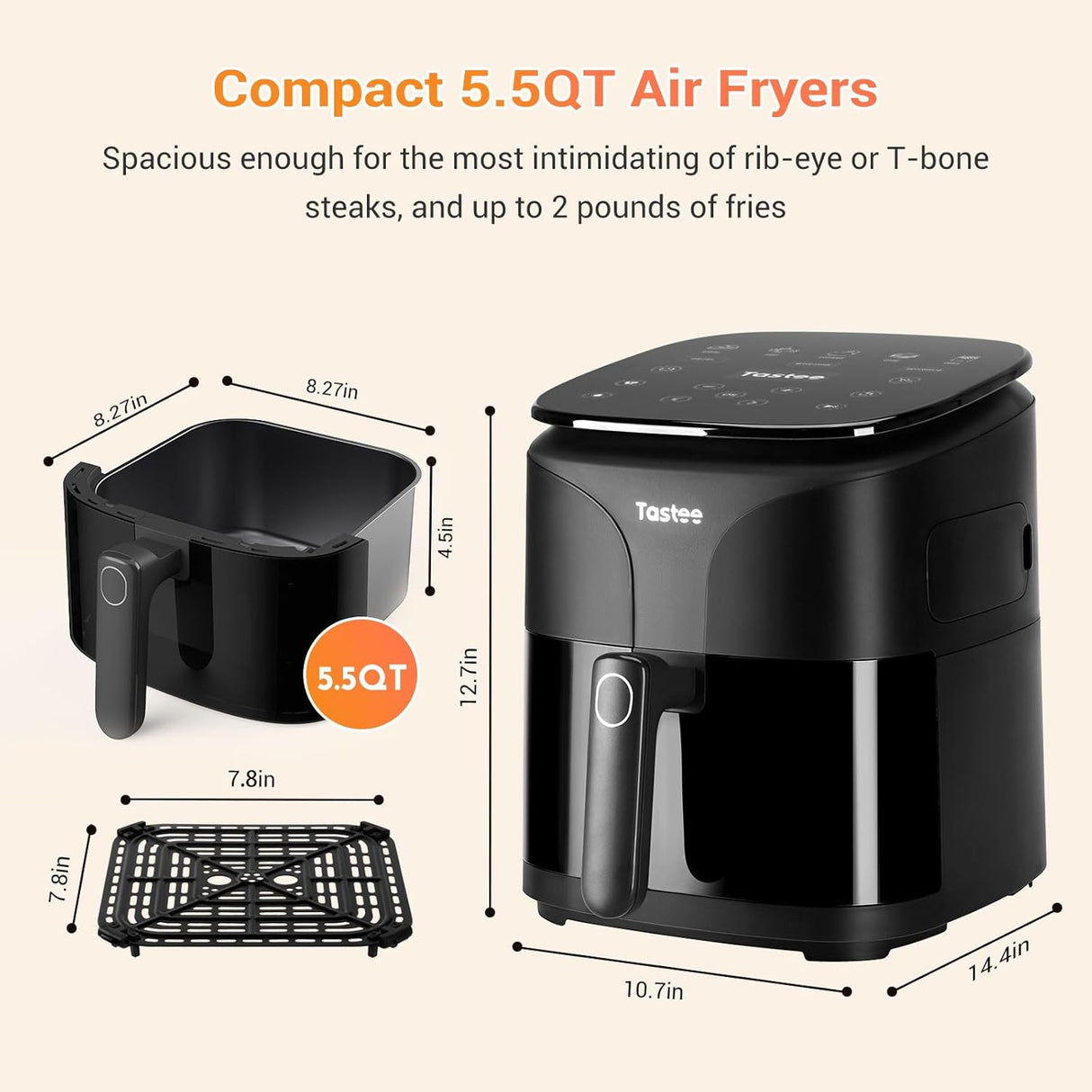 Freidora de aire Tastee 5.5QT, 8 en 1, 24 presets, digital