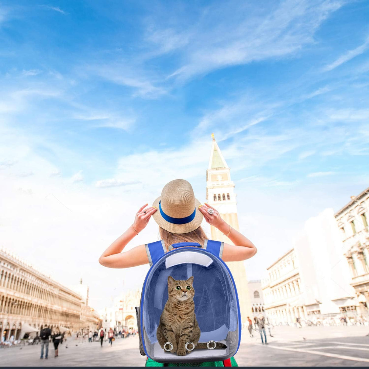 Mochila para transportar gatos con capsula espacial azul
