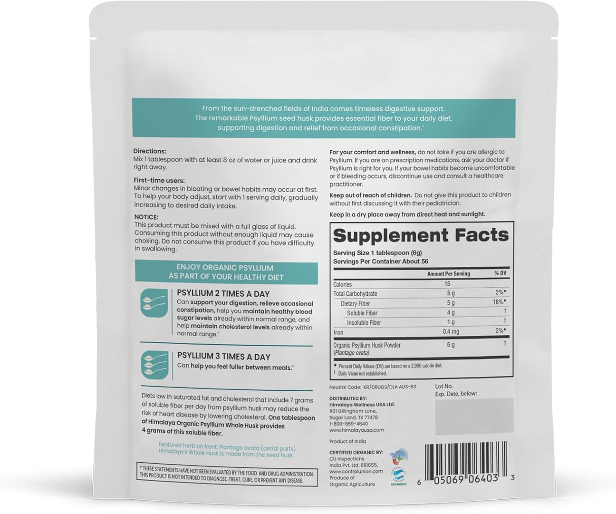 Psyllium Husk Orgánico Himalaya, Suplemento de Fibra, 12 Oz