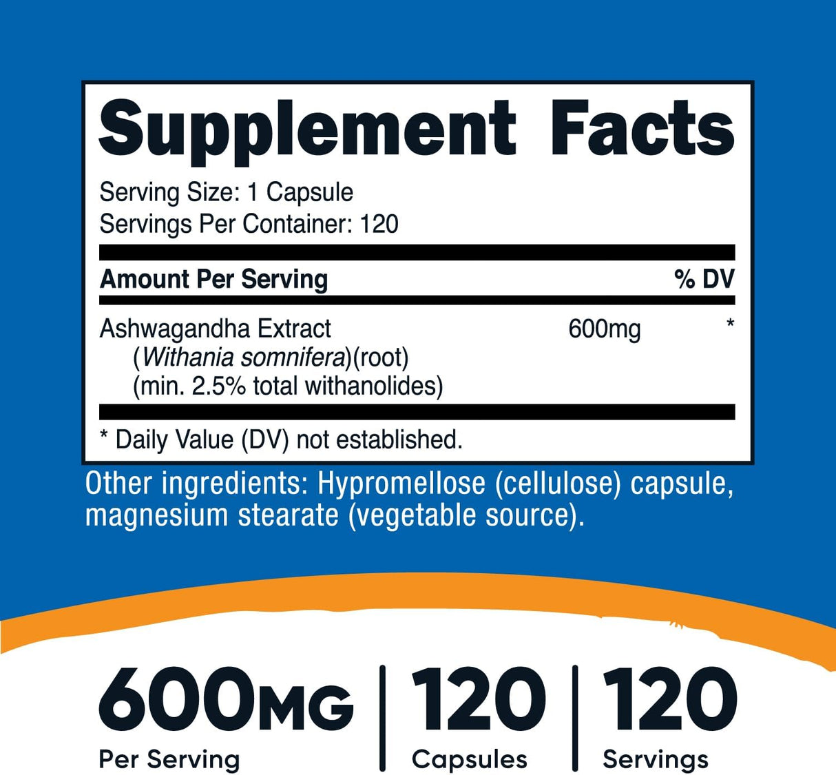 Suplemento de Ashwagandha 600 mg Vegetariano Sin OMG