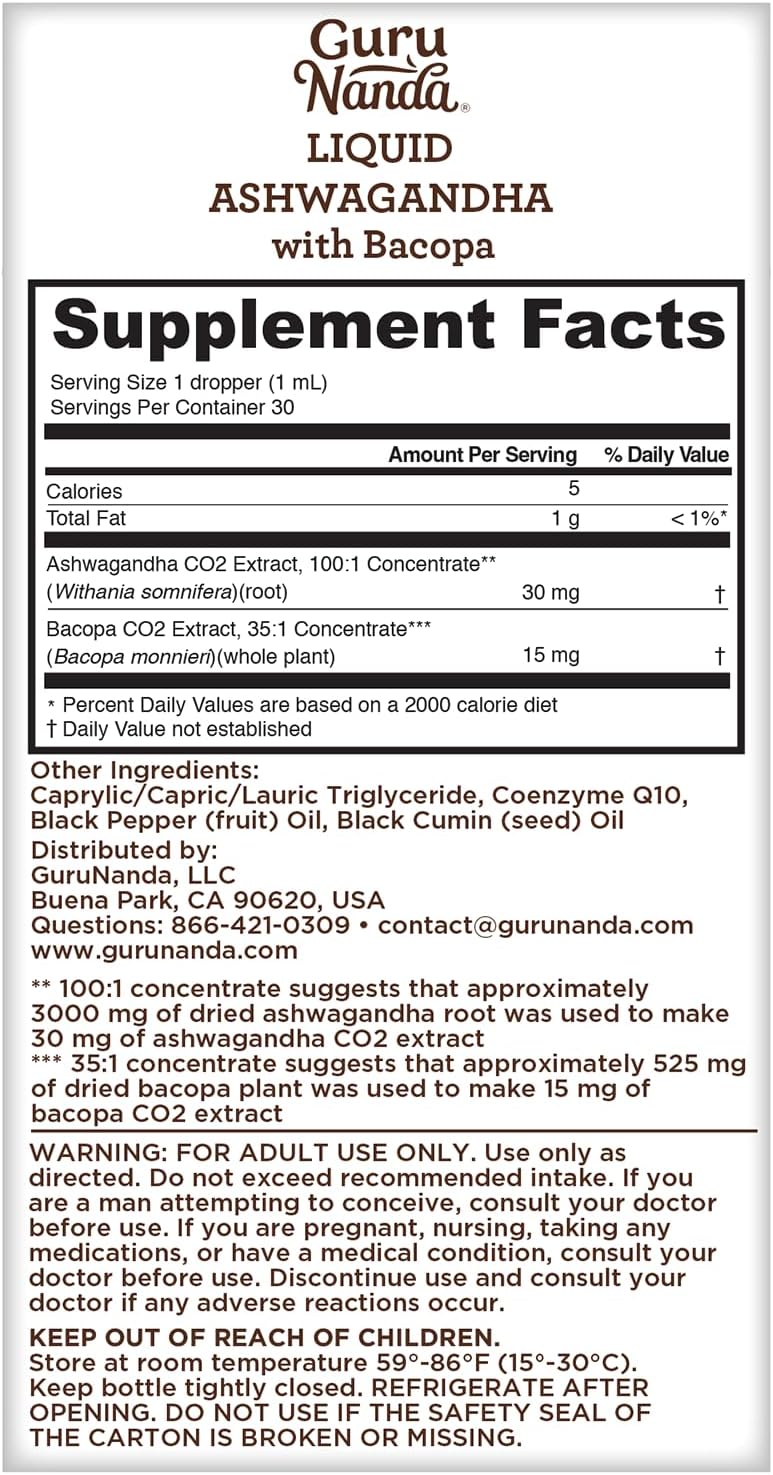 Extracto Líquido de Ashwagandha, GuruNanda, 1 Fl Oz, Vegano