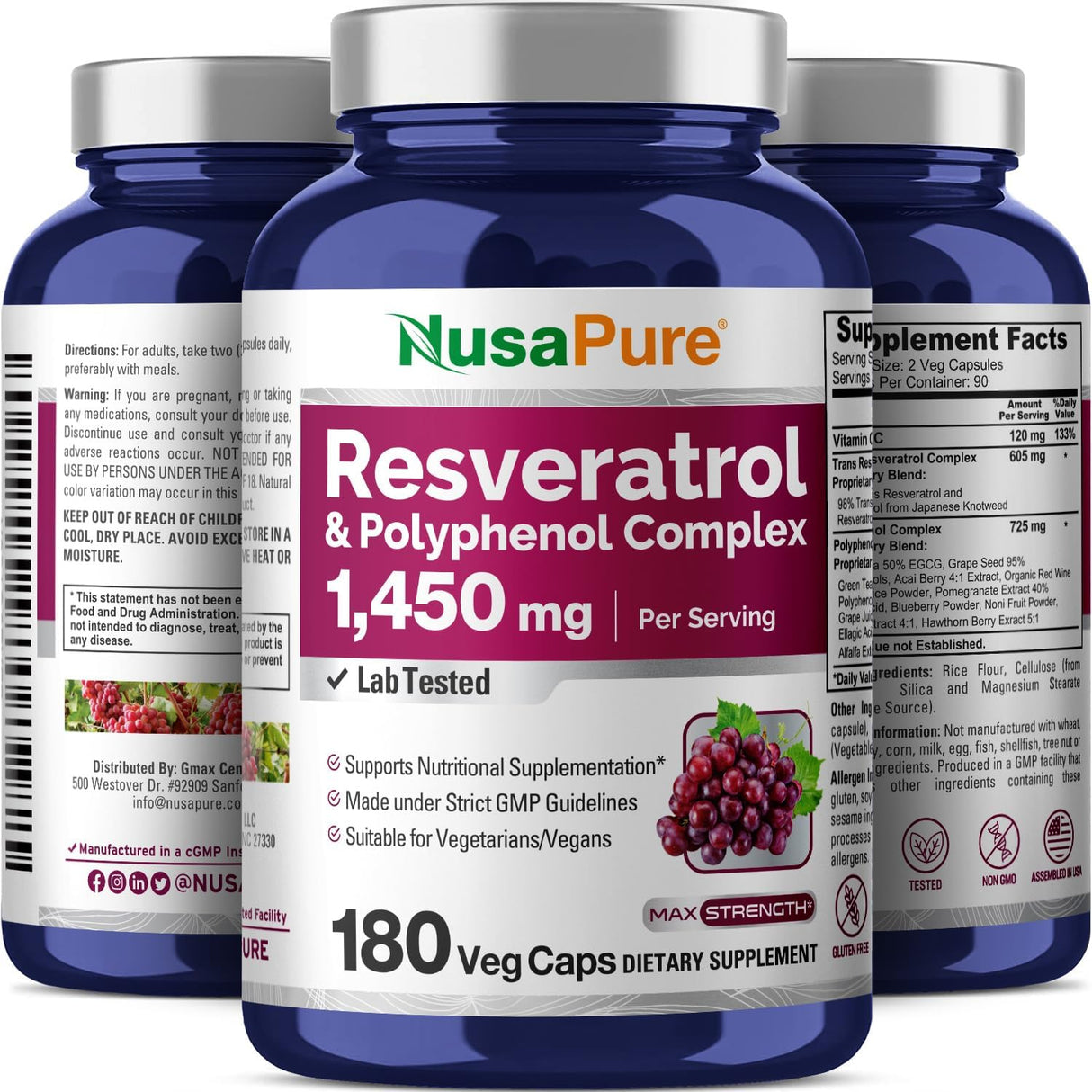 Complejo de Resveratrol y Polifenoles 1450 mg, Vitamina C 180 Cápsulas
