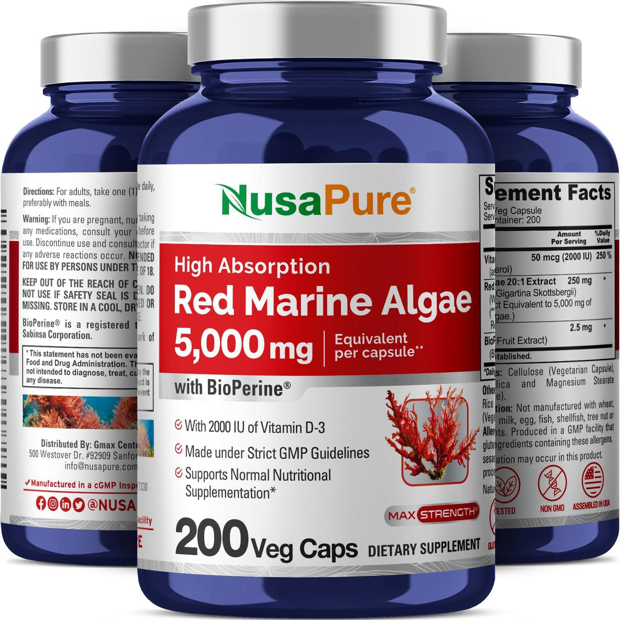 Algas Marinas Rojas 5000 mg con Bioperine, 200 Cápsulas