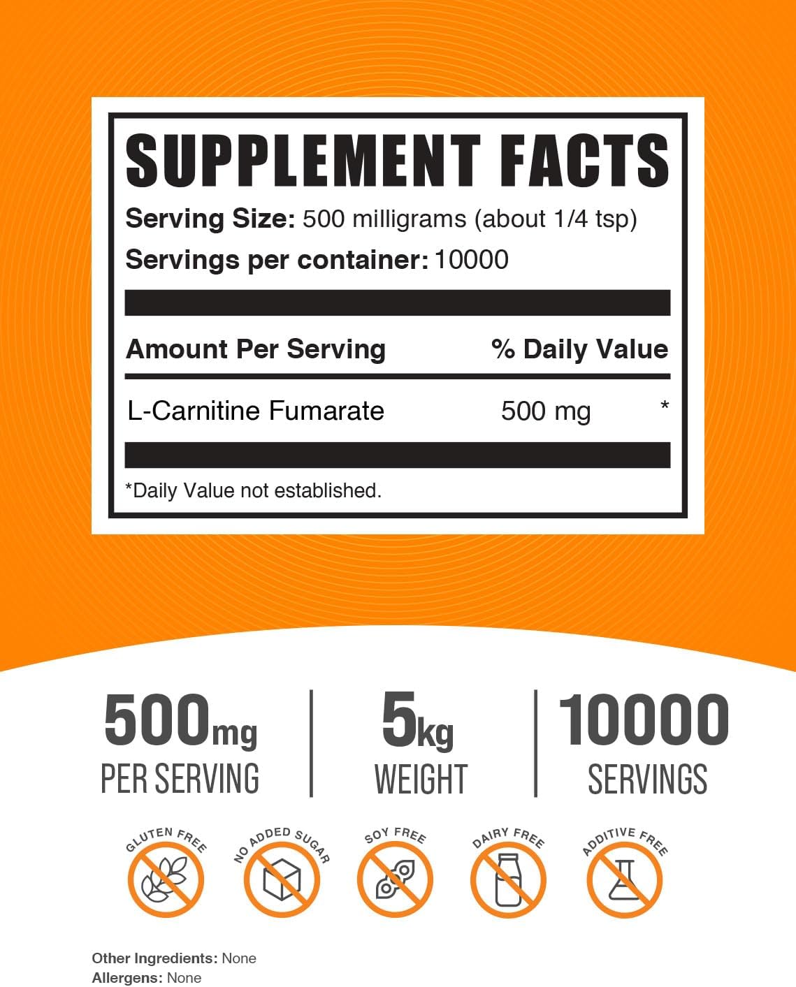 Suplemento de L-Carnitina Fumarato BulkSupplements 500mg 5kg