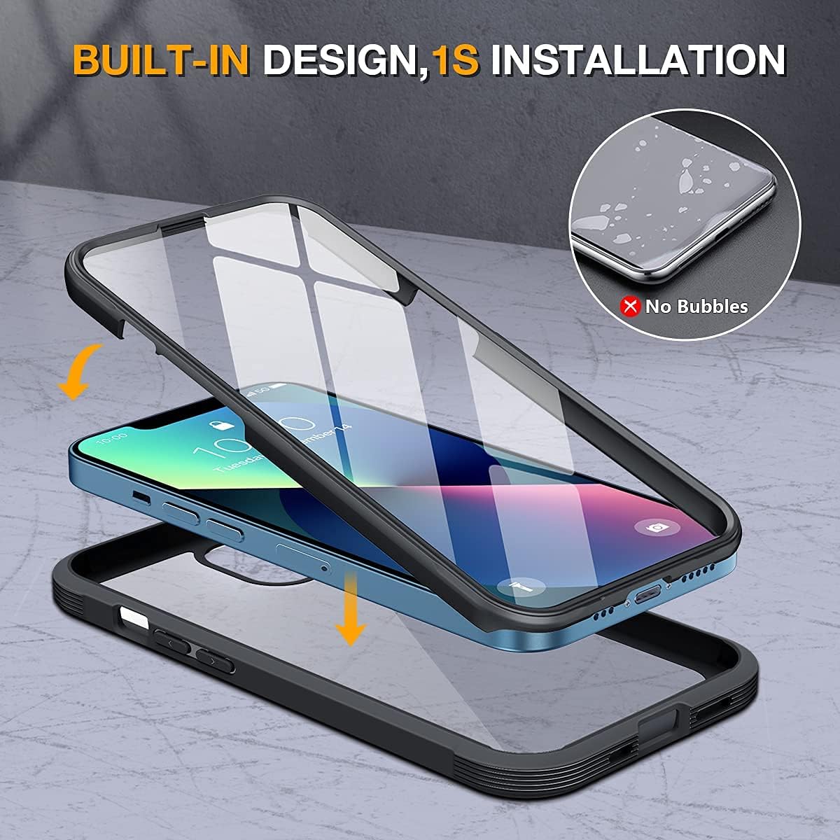 Miracase Funda compatible con iPhone 13 de 6.1 pulgadas, actualizada 2021, carcasa transparente de vidrio de cuerpo completo con protector de pantalla integrado de vidrio templado 9H para iPhone 13, color negro