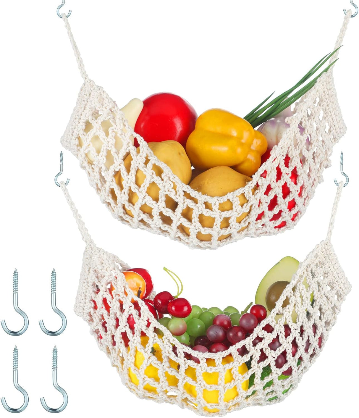 Hamaca de Frutas Macrame, 2 Pcs, 11.8x20 con 4 Ganchos