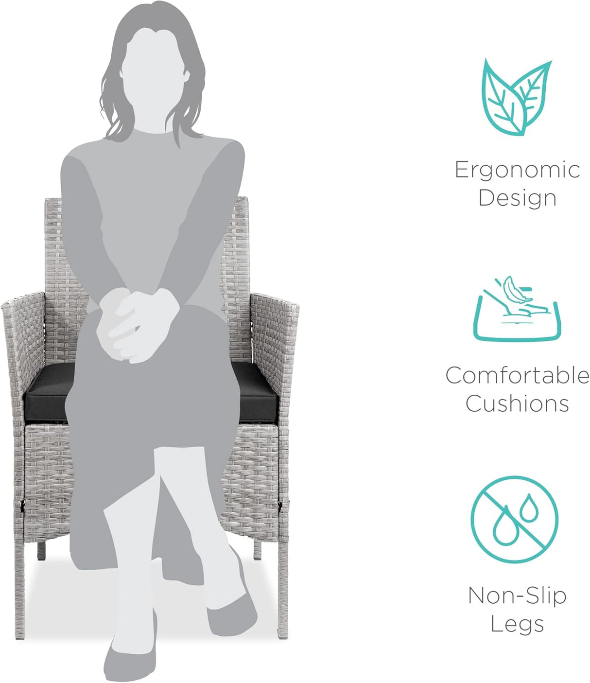 Best Choice Products Juego de 3 piezas de mimbre para exteriores, muebles de patio que ahorran espacio para patio, jardín con 2 sillas, 2 cojines, mesa de almacenamiento lateral, gris/negro