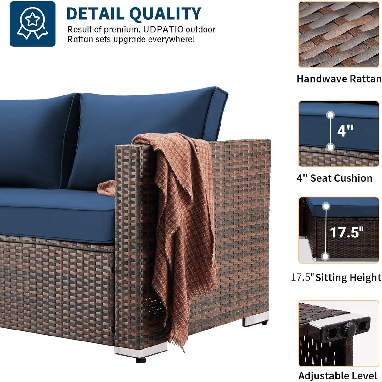 UDPATIO Juego de muebles de patio, muebles modulares de ratán para exteriores, juego de muebles seccionales de mimbre para patio trasero, cubierta, junto a la piscina con mesa de centro de cristal, 7 piezas, azul (incluye funda de sofá)