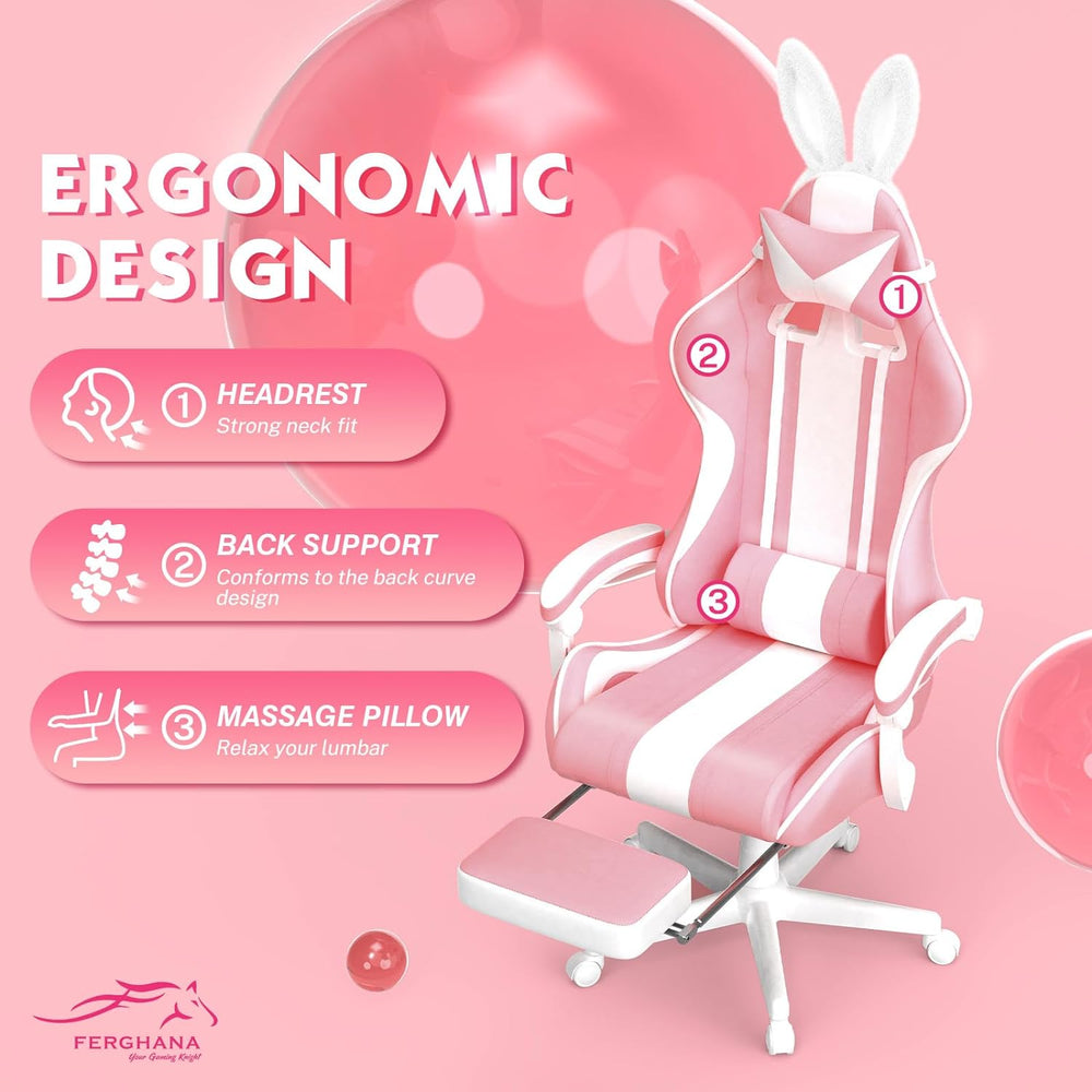 Silla Gamer Kawaii rosa con orejas de conejo Ferghana