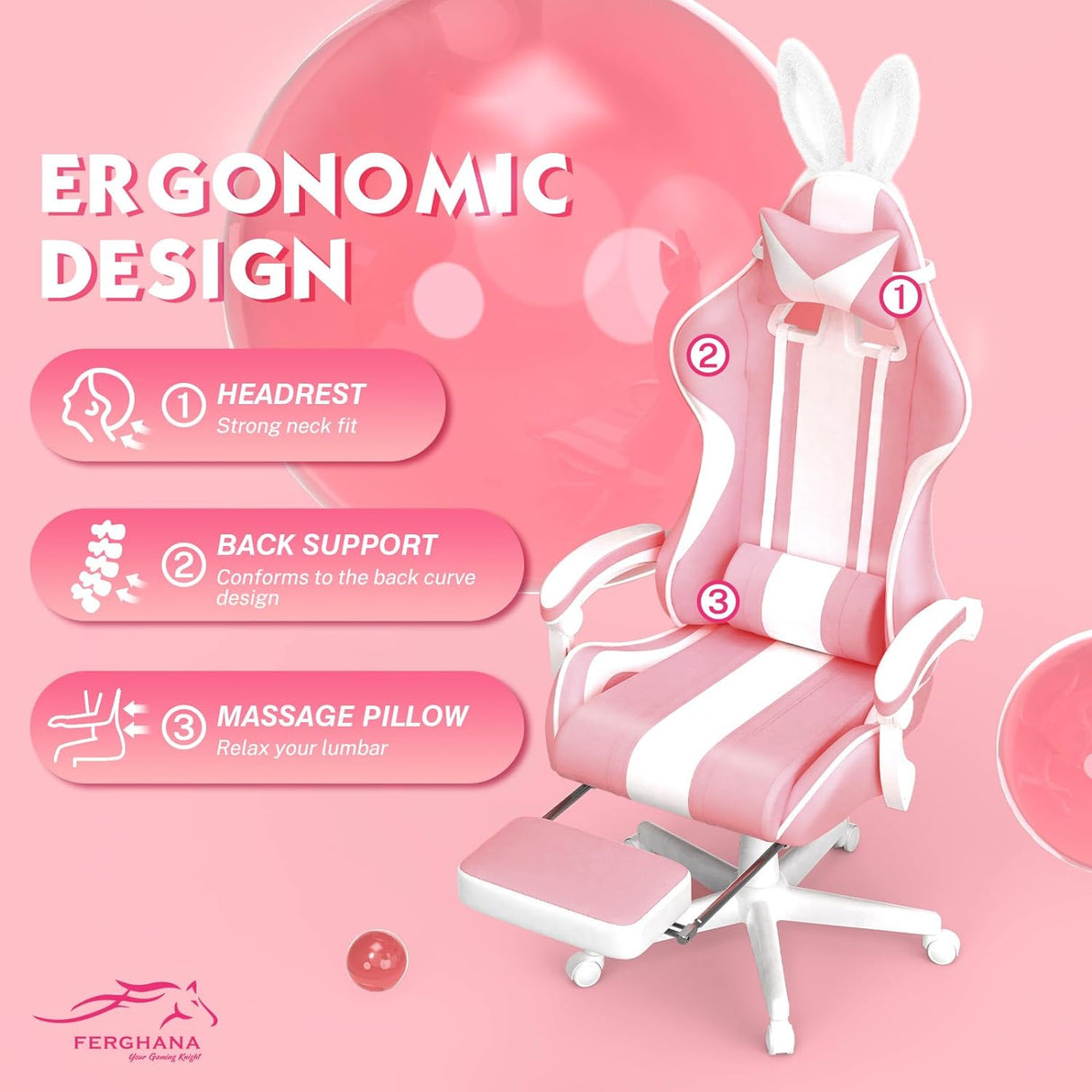 Silla Gamer Kawaii rosa con orejas de conejo Ferghana