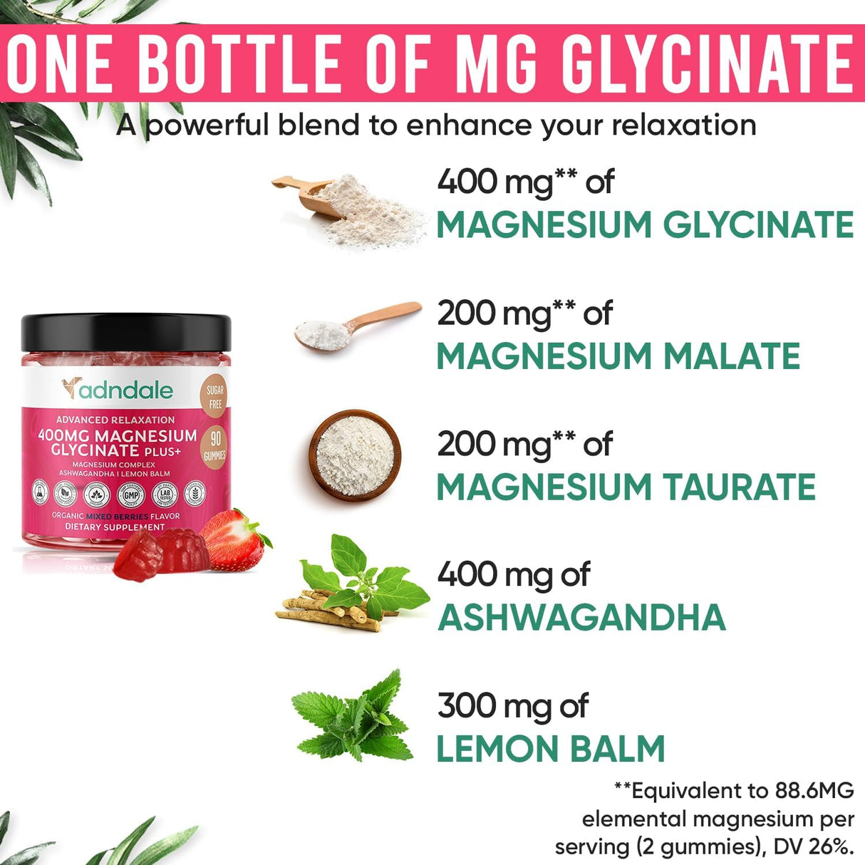 180 Gummies Magnesio Glycinato con Ashwagandha, Sin Azúcar