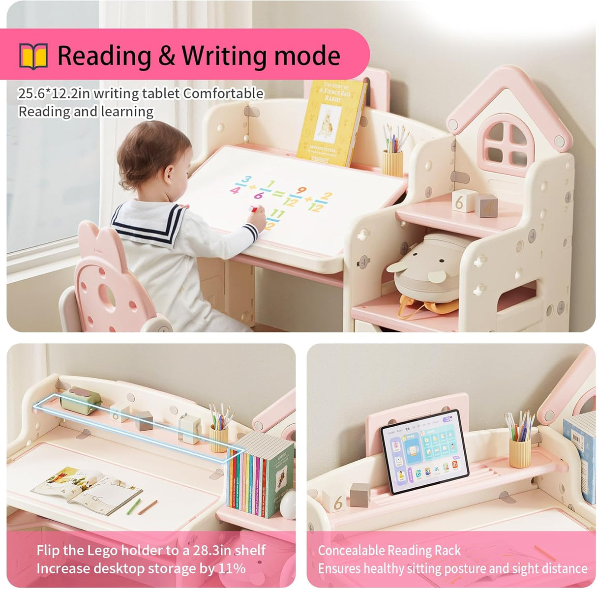 UNICOO Escritorio multifuncional 3 en 1 para niños rosado