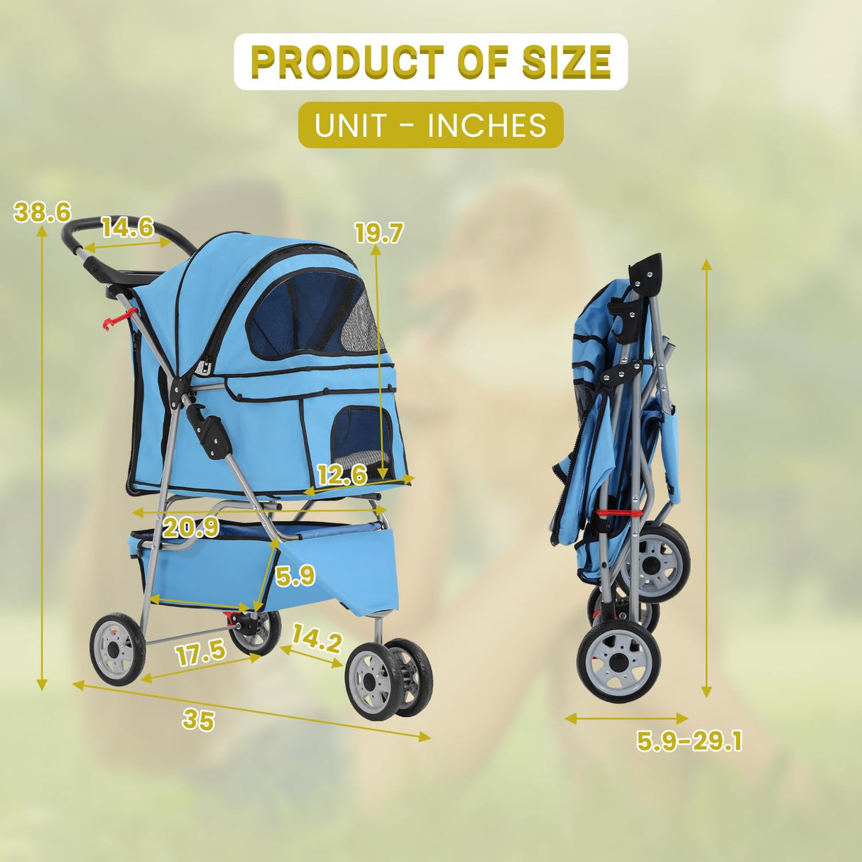 Carrito Plegable para Mascotas, 3 Ruedas, Cubierta Clima, Modelo X
