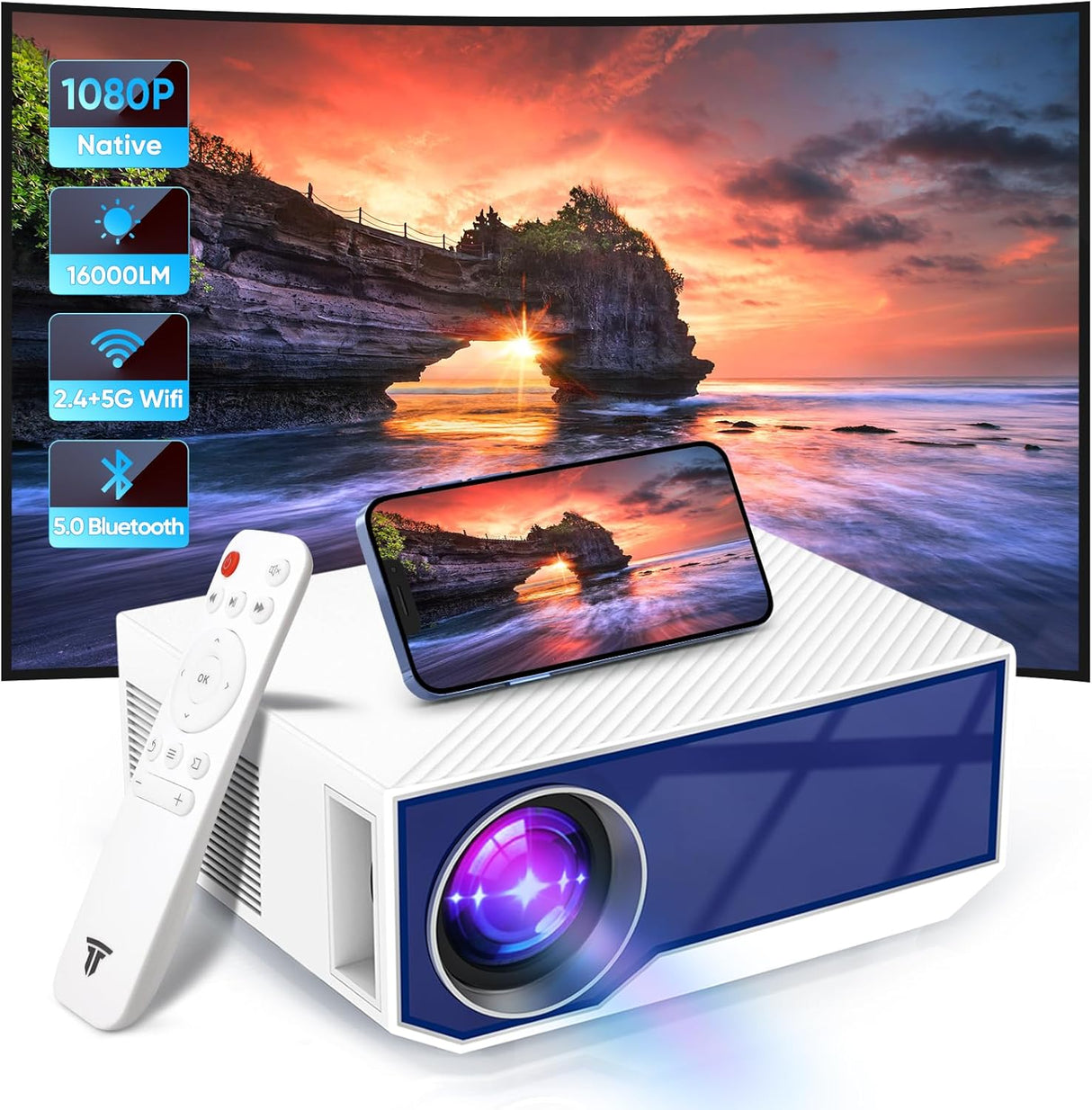 Proyector Portátil 16000L, WiFi/Bluetooth, Full HD 1080P