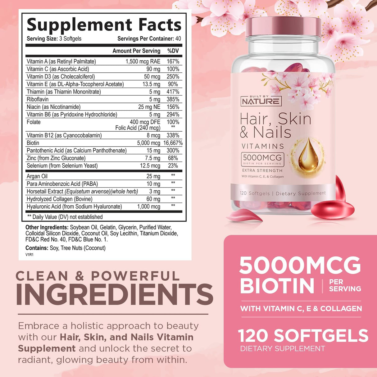 Vitaminas para Pelo, Piel y Uñas - 5000mcg Biotina, 120 Softgels