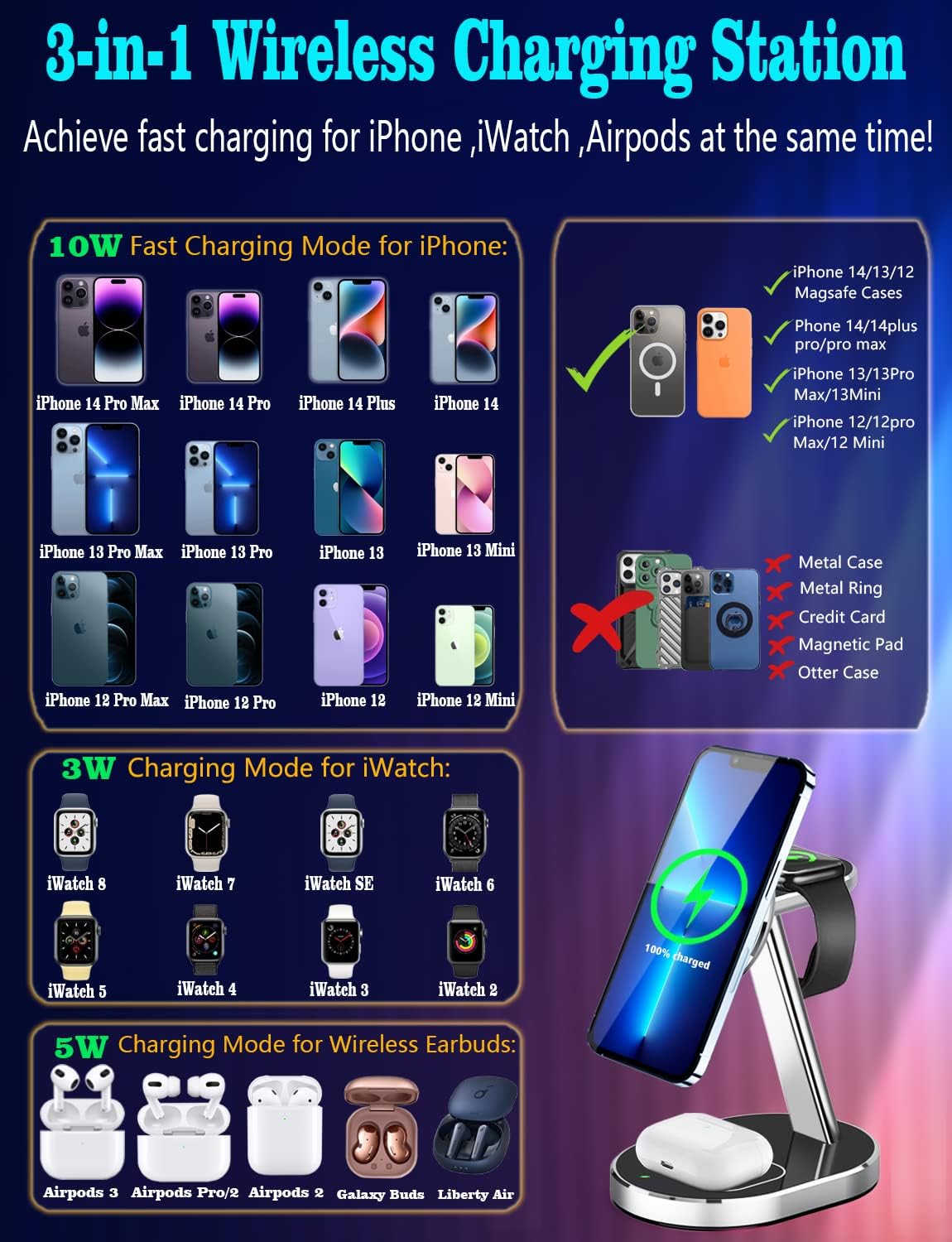 Estación de carga inalámbrica magnética 3 en 1 de aluminio