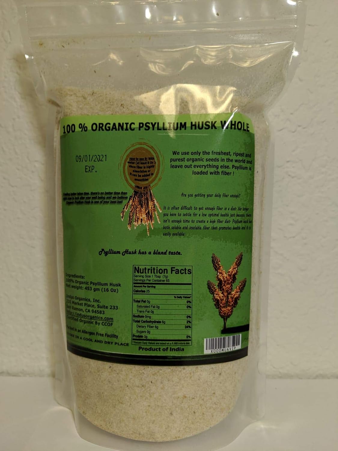 Psyllium Husk Indus Organics, Alta Pureza, 1 Lb, LOTE #2023065750