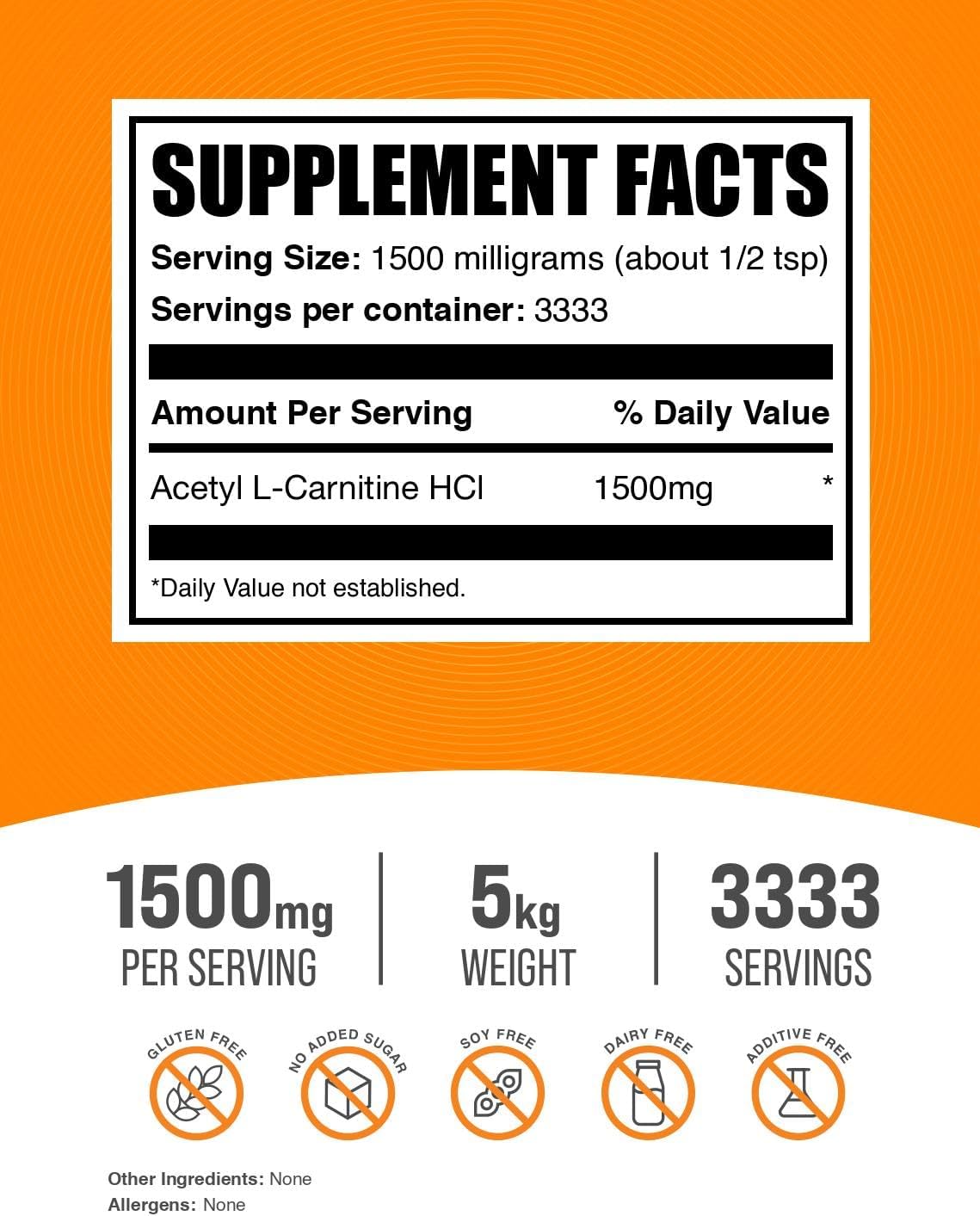 Acetil L-Carnitina en polvo BulkSupplements 1500mg 5kg (Pack 5)