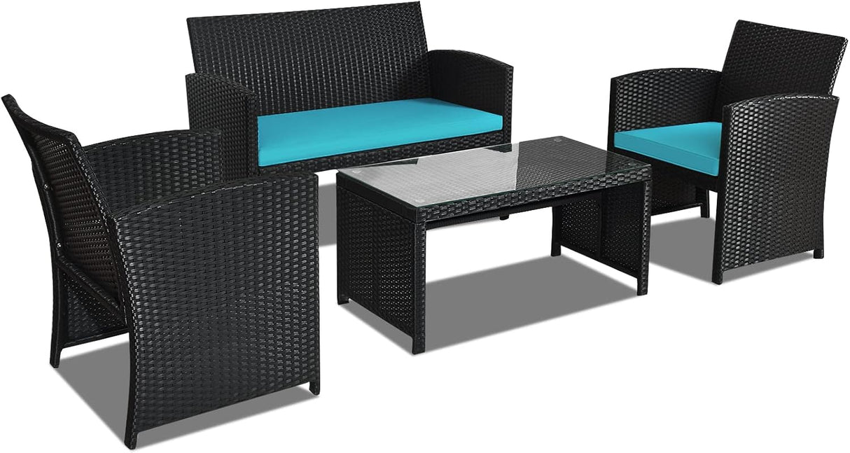 Goplus Juego de muebles de ratán para patio, 4 piezas, sofá y mesa de mimbre para exteriores con cojines suaves y mesa de centro de vidrio templado para balcón, jardín, patio trasero (turquesa)