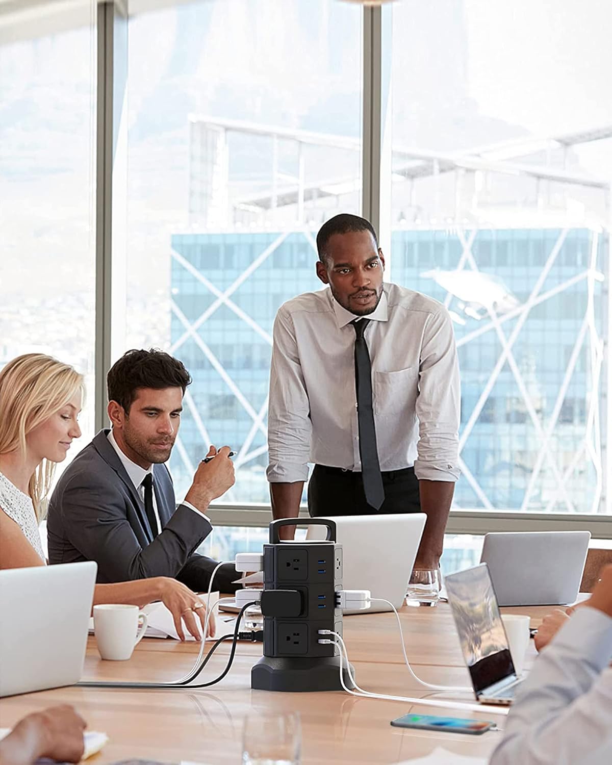 JACKYLED - Regleta de alimentación con protección contra sobretensiones, torre eléctrica de sobretensiones de 1625 W, 13 A, 12 tomas, 6 puertos USB, estación de carga con cable de extensión resistente