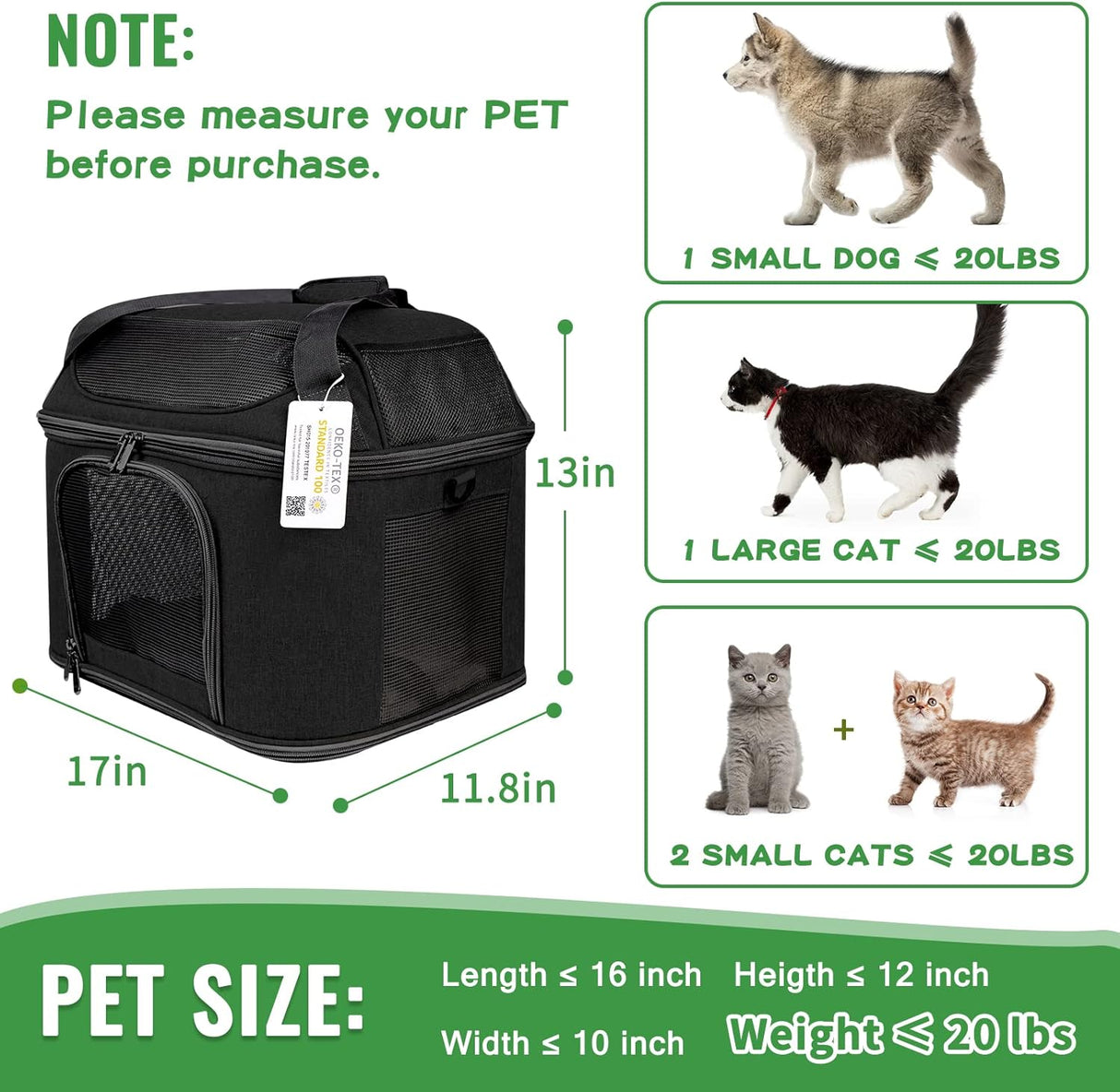 Transportín grande para 2 gatos, Oeko-TEX, aprobado TSA, modelo 20 lbs