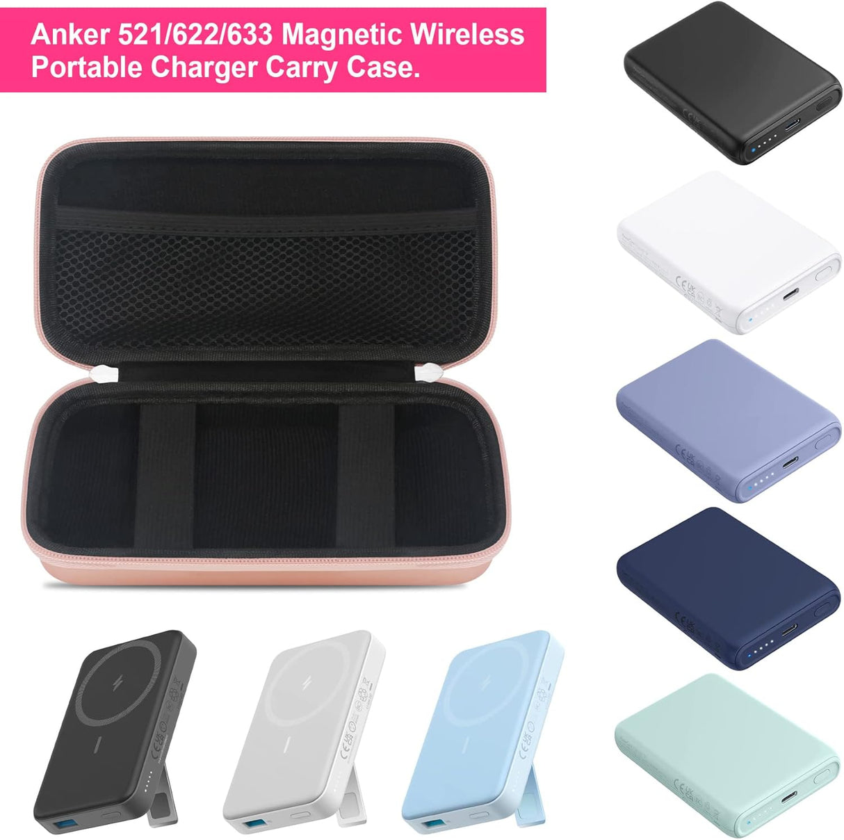 Elonbo Estuche rígido de viaje para Anker 622/633 / 521 batería magnética (MagGo), cargador portátil inalámbrico plegable magnético de almacenamiento de banco de energía, bolsillo de malla adicional para cable de carga, oro rosa