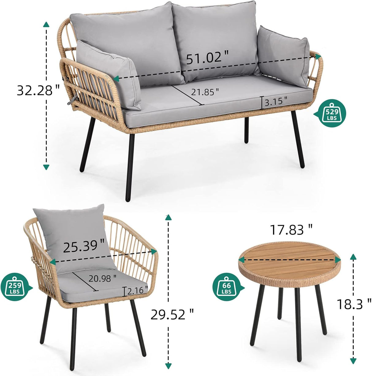 YITAHOME Juego de muebles de patio de 4 piezas, juego de mimbre para balcón, juego de conversación de ratán para todo tipo de clima, con sillas de dos plazas, cojines suaves para patio, piscina, cubierta, jardín, gris