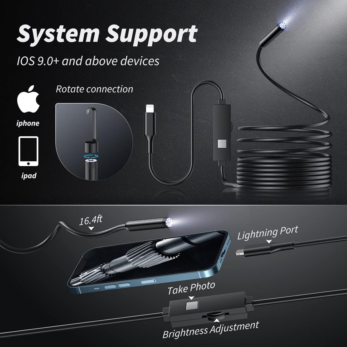 Cámara de serpiente, inspección de boroscopio, 8 luces.