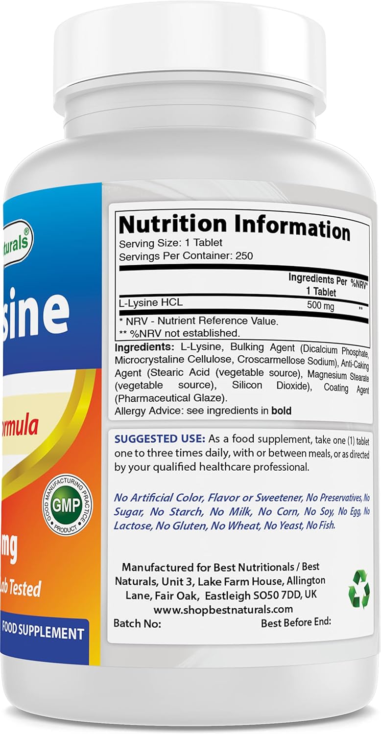 L-Lisina 500 mg 250 Tabletas - Best Naturals, Suplemento Dietético