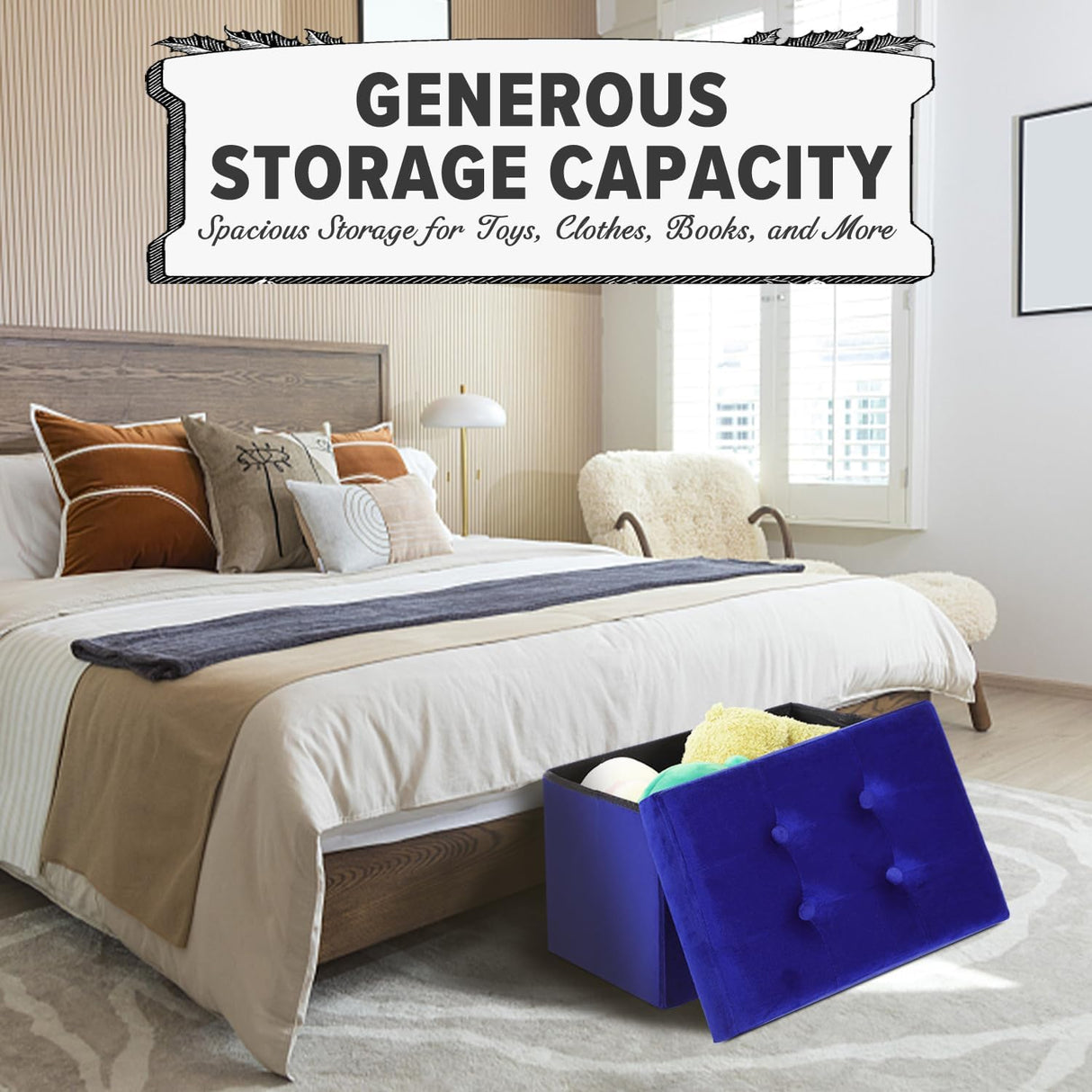 Ottomán de almacenamiento plegable con cojín y reposapiés