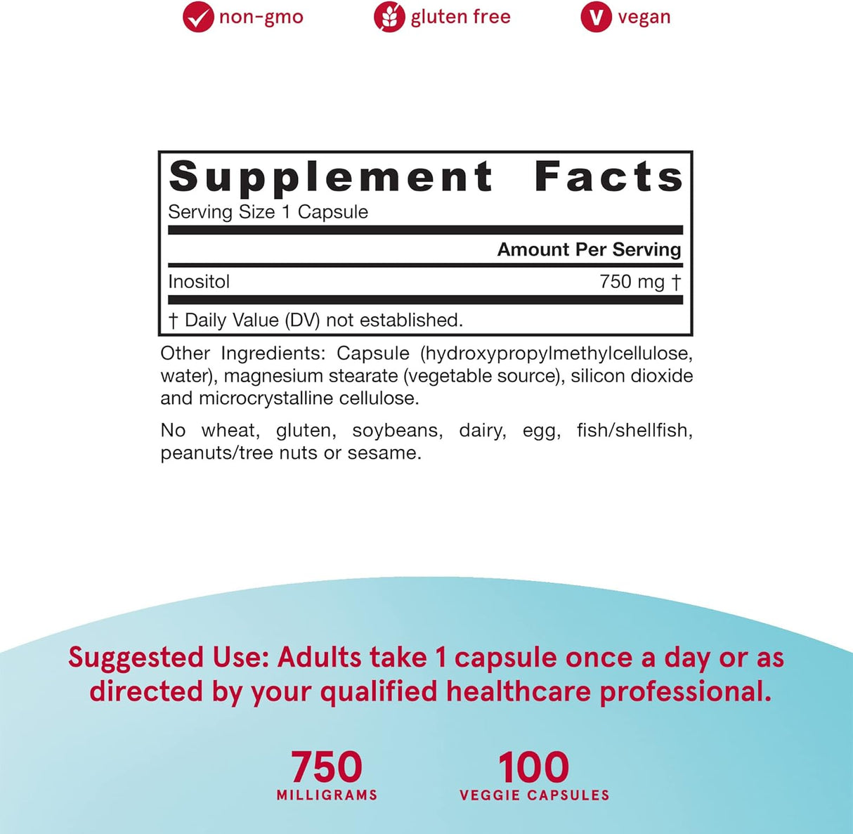 Jarrow Formulas Inositol 750 mg - 100 cápsulas vegetales - Apoyo hepático - Útil para el funcionamiento nervioso y el metabolismo de la grasa - 100 porciones