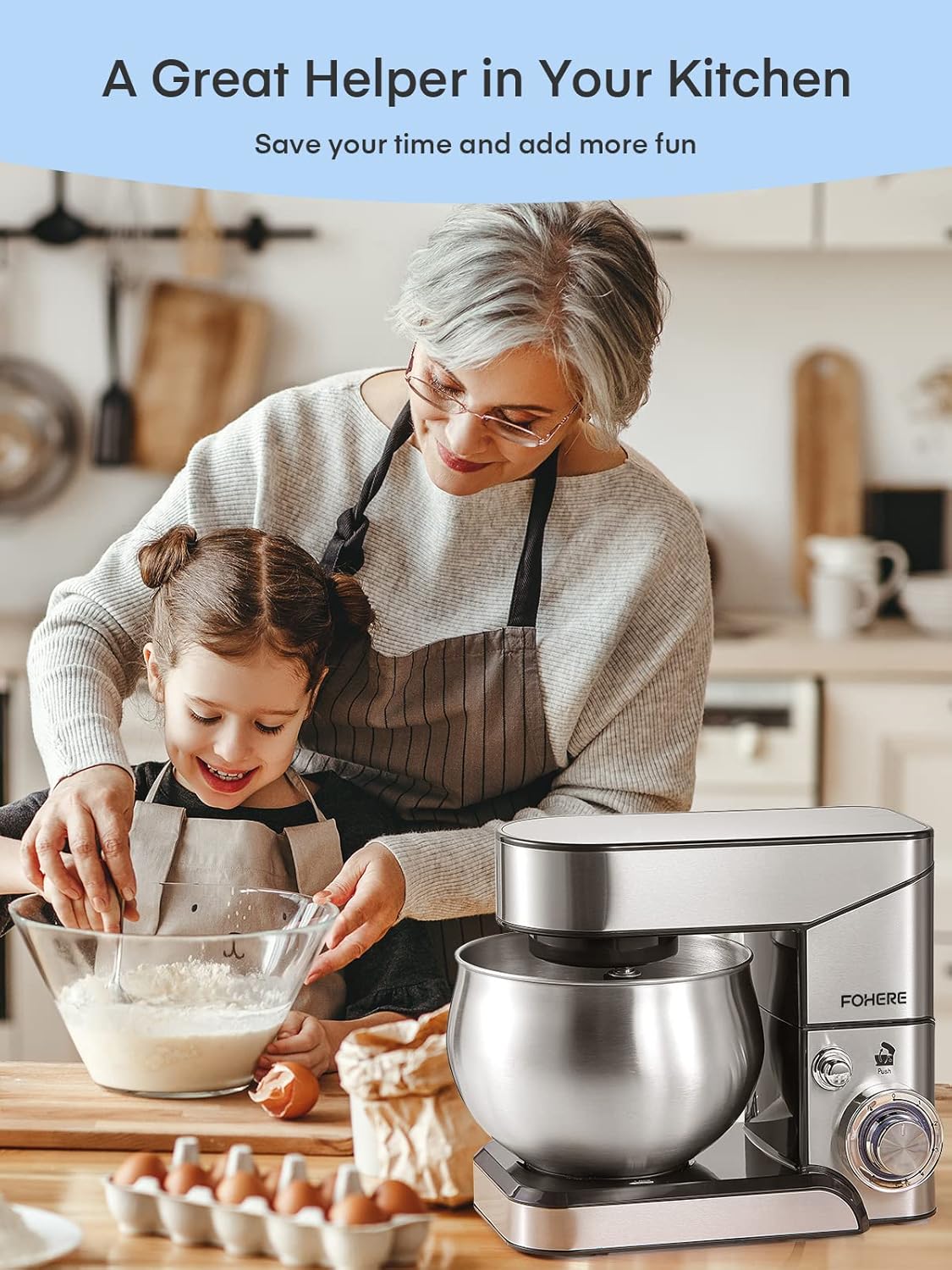 Batidora de Pie FOHERE 5.8QT, Acero Inoxidable, 6 Velocidades