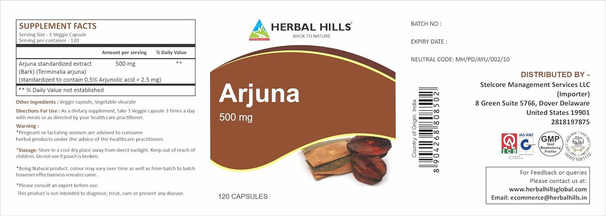 Suplemento Cápsulas de Arjuna Terminalia Arjuna 120 unidades