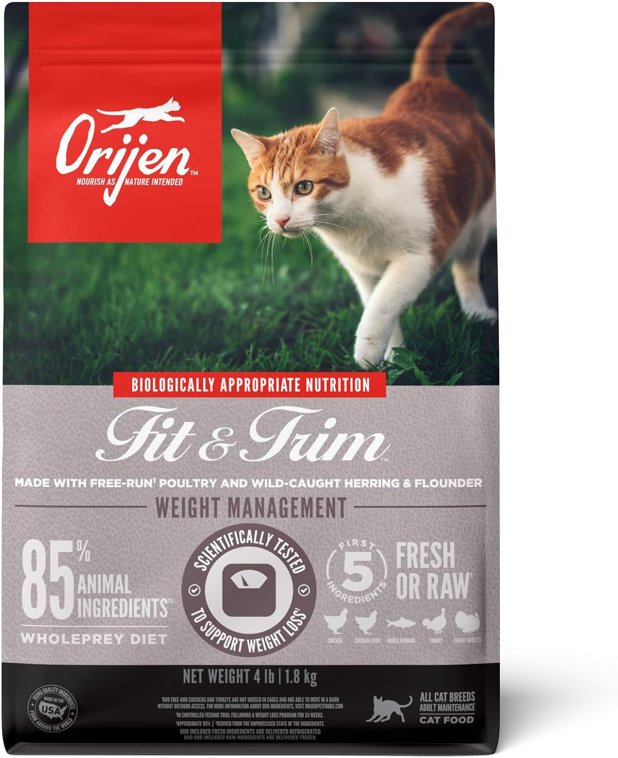 ORIJEN Fit and Trim - Alimento seco para gatos, sin granos, para gatos adultos, con ingredientes de presas integrales, 4 libras