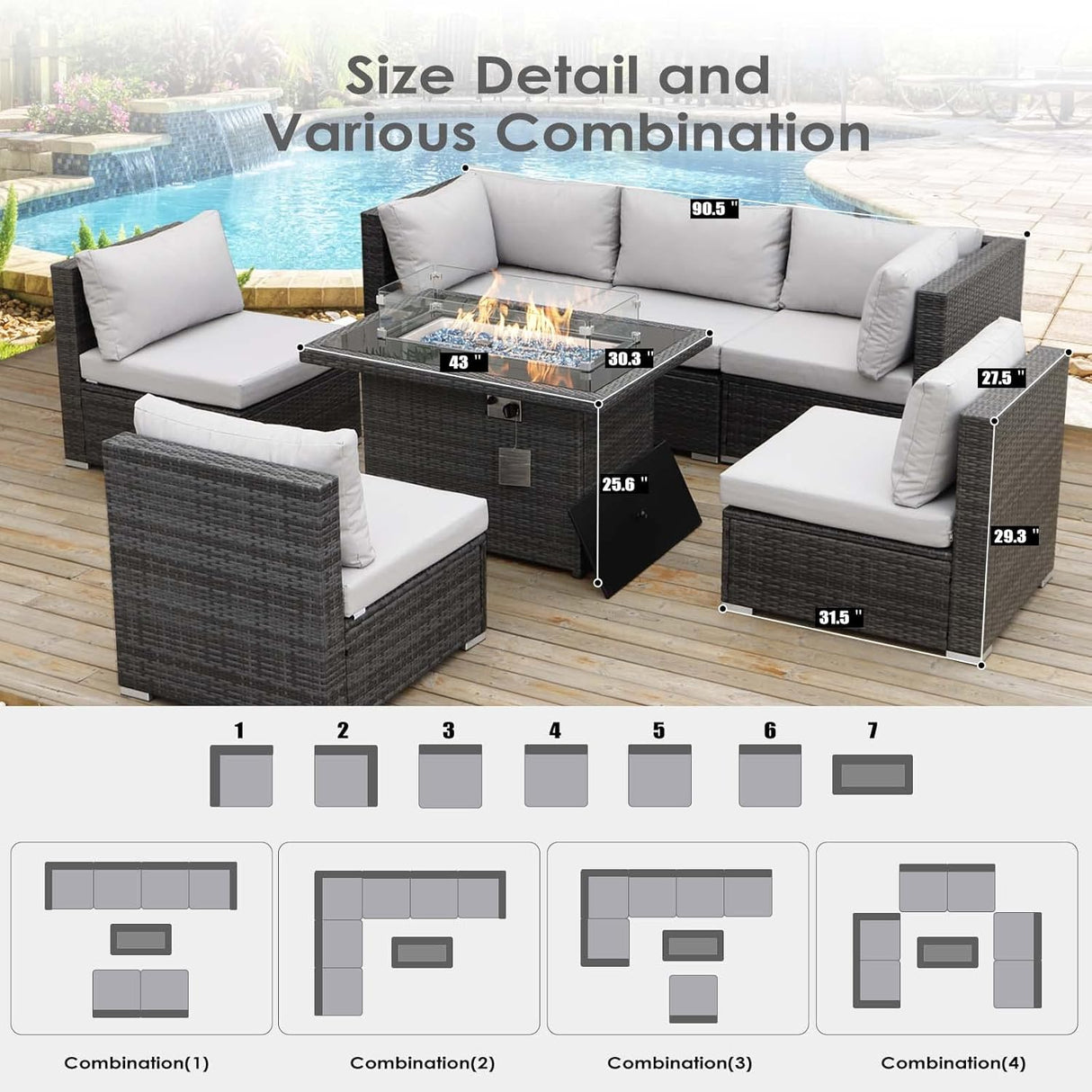 RADIATA Juego de muebles de mimbre de polietileno para patio, sofá seccional de respaldo alto, juegos de sofá de gran tamaño con mesa para fogata de propano, 55000 BTU, juegos de conversación de ratán para exteriores (7 piezas, gris claro)