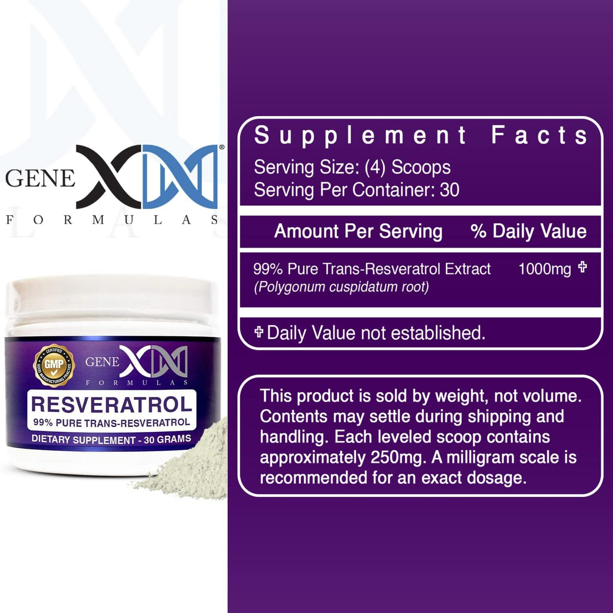 Suplemento GENEX Trans Resveratrol 1000 mg que sirve 99%