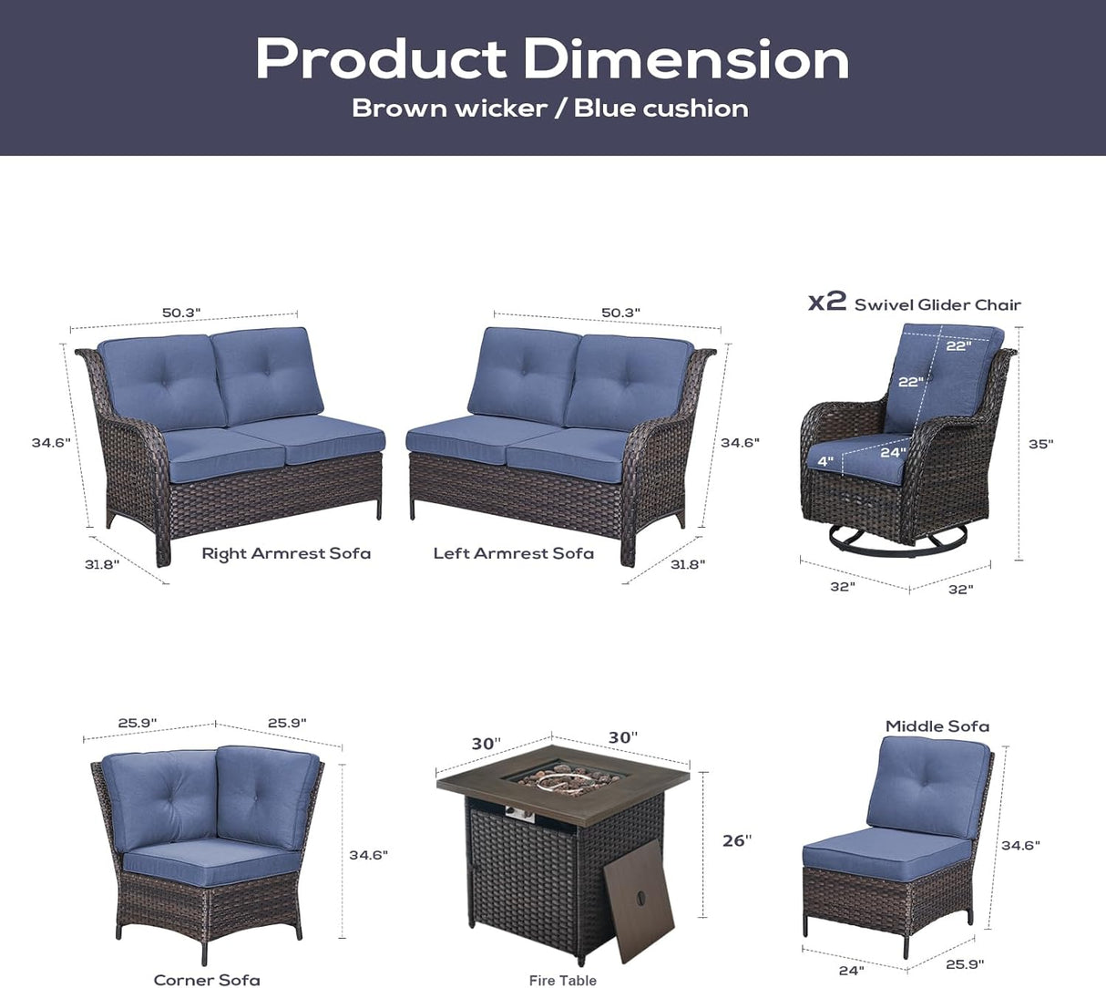 Belord Juego de muebles de sofá seccional para exteriores con mesa para fogata de propano, juego de conversación de mimbre para patio con 2 sillas giratorias mecedoras, cojín azul, perfecto para