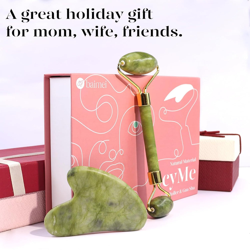 Juego de rodillo facial y Gua Sha de jade color verde