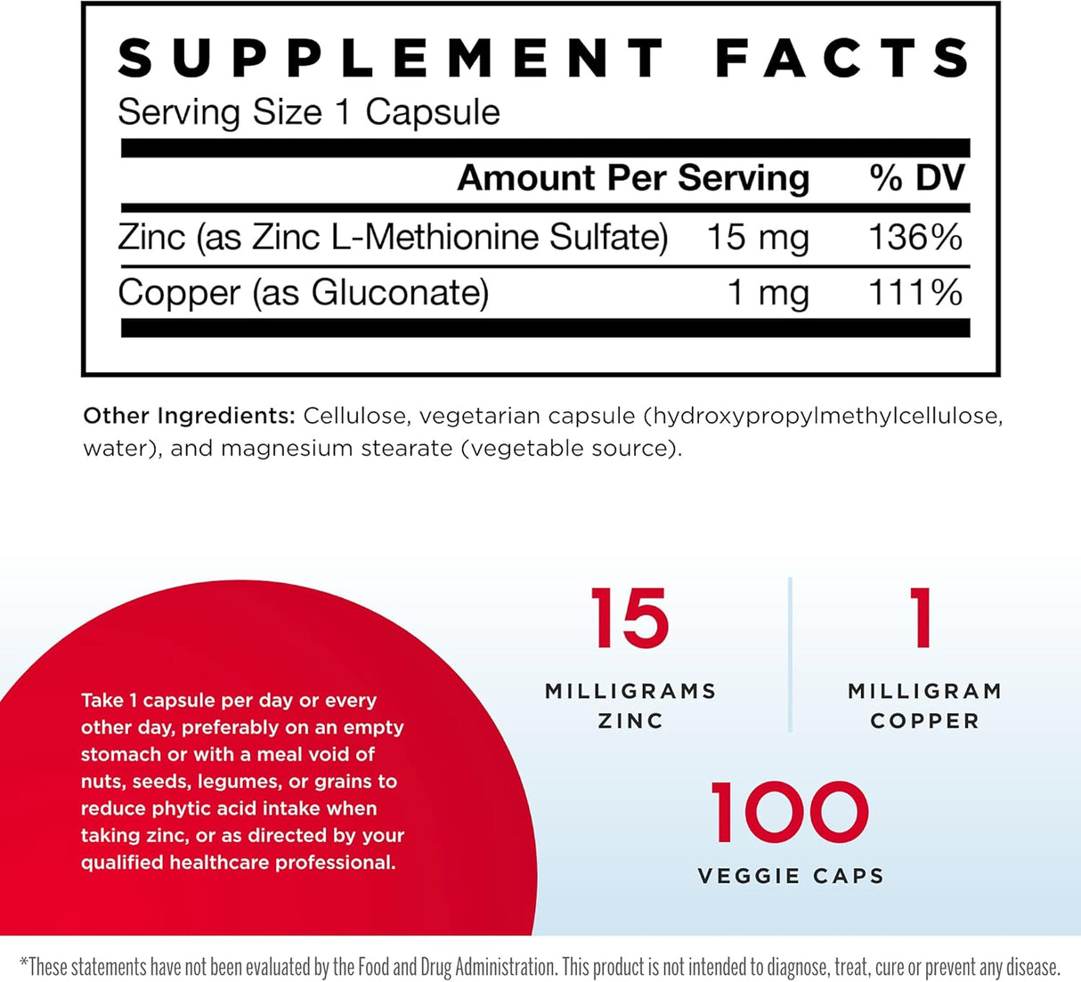 Suplementos Alimenticio Balance de zinc 100 cápsulas