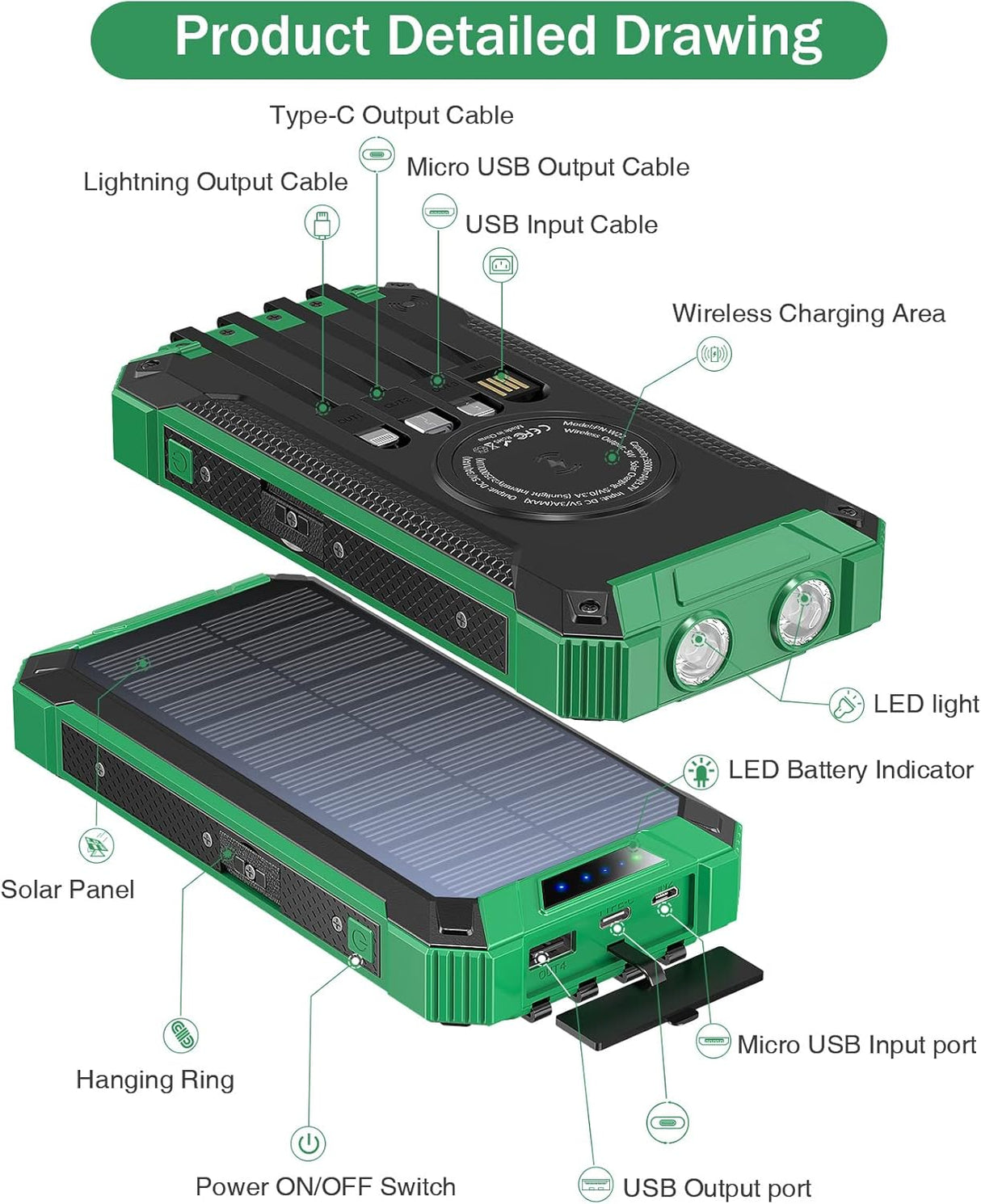 Cargador solar de 36000 mAh integrado 4 cables para celular