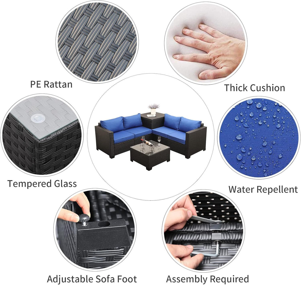 Juego de muebles de mimbre de polietileno para exteriores, 4 piezas, sofá de dos plazas seccionales de ratán negro, sofá de conversación con caja de almacenamiento, mesa superior de vidrio y cojín antideslizante azul rey